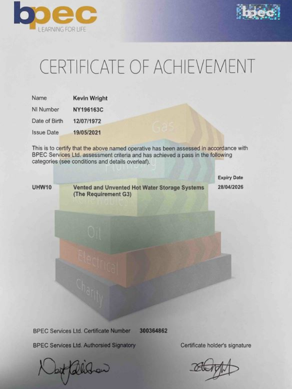 an image showing an unvented hot water certificate
